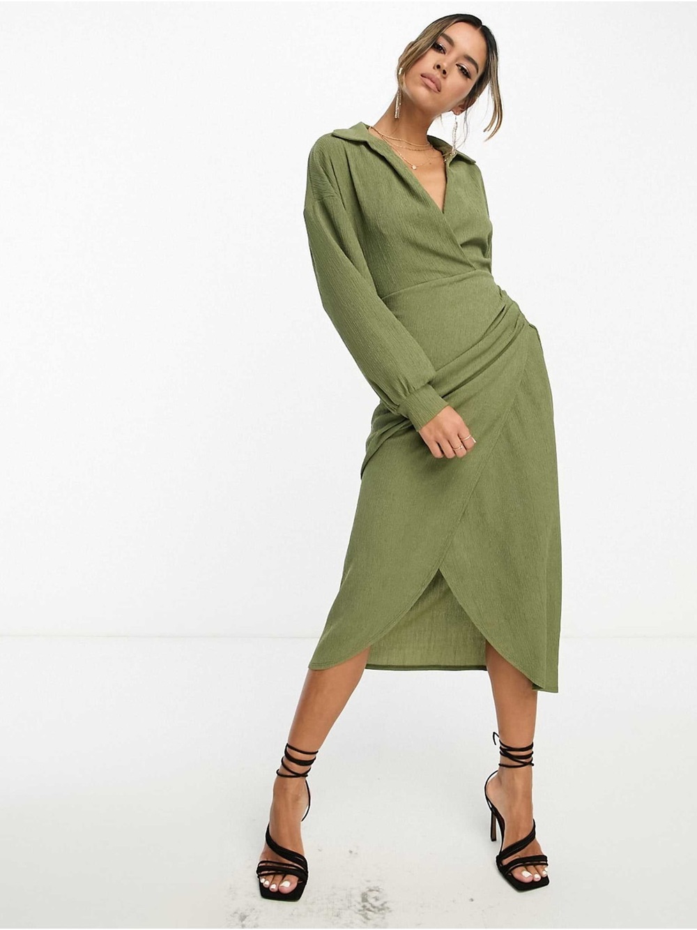 ASOS Olive Wrap Collar Midi Dress